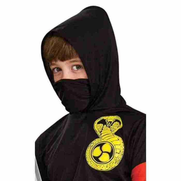 Kinder Ninja Kostüm schwarz mit Maske und Gürtel Detailansicht