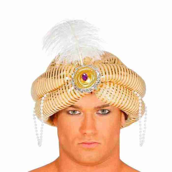Maharaja Turban Gold orientalisches Kostüm Accessoire mit Feder