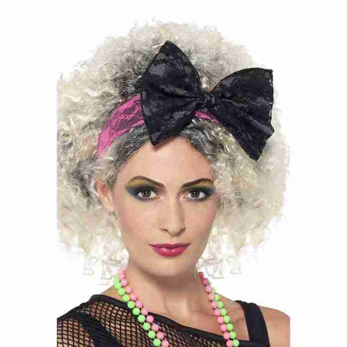 80er Jahre Stirnband Spitze schwarz pink Retro Accessoire