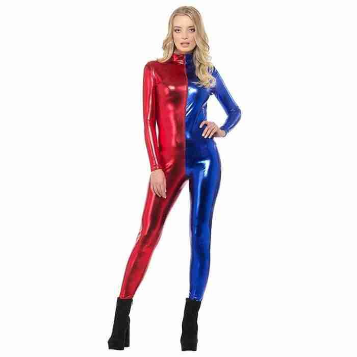 Harlekin Kostüm Damen Catsuit Rot Blau Rückansicht - carnivalstore.de