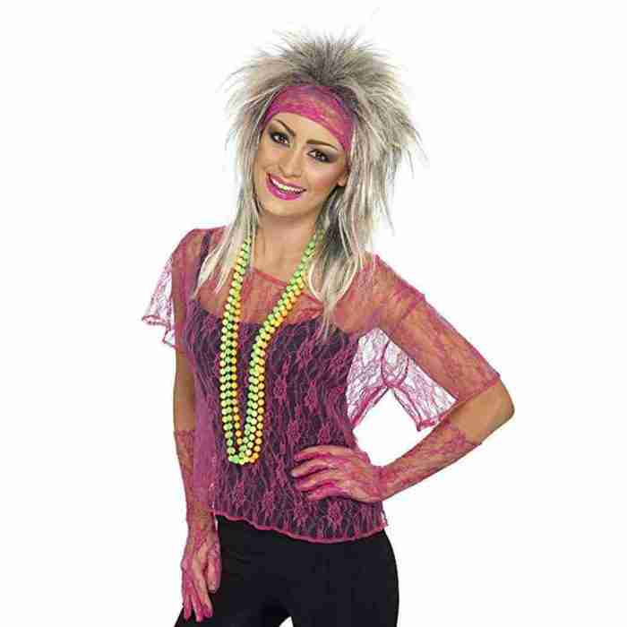 80er Jahre Kostüm Neon Pink Netzweste Set Damen Karneval