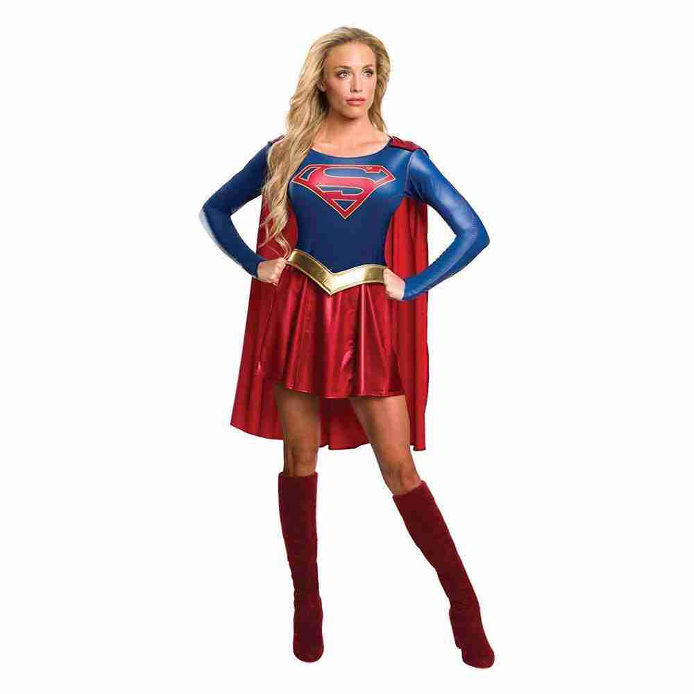 Supergirl Kostüm Damen Detailansicht mit S-Symbol und authentischem Design