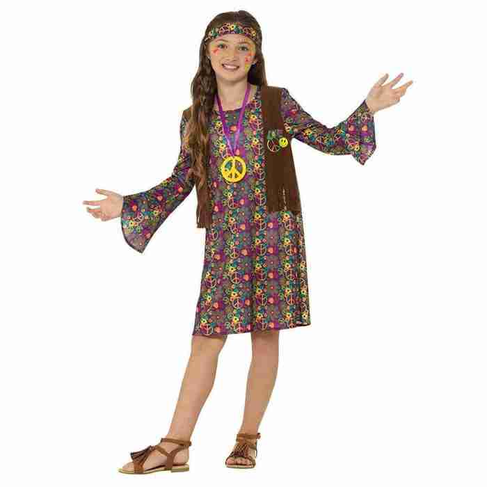 Hippie Kostüm Mädchen mit mehrfarbigem Kleid und Stirnband - carnivalstore.de