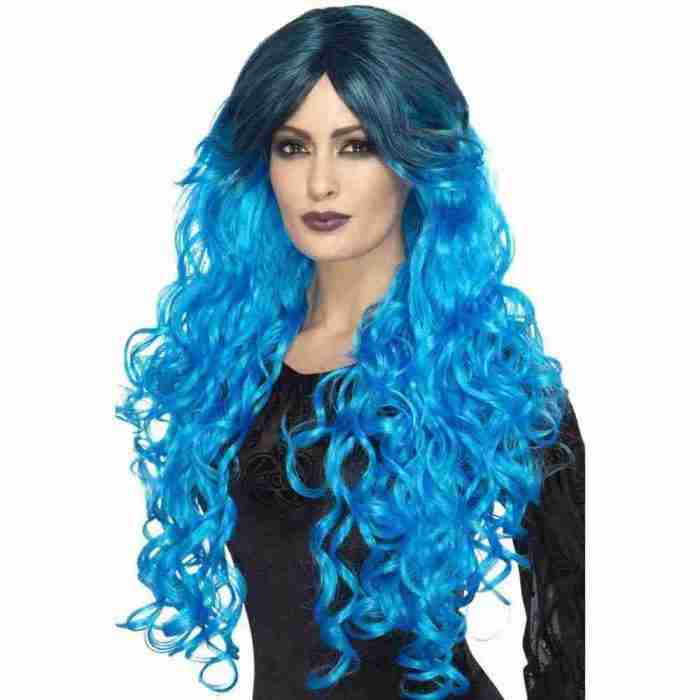 Gothic Perücke elektrisch blau mit dunklen Ansätzen Damen