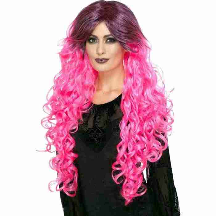 Gothic Glamour Perücke Neon Pink Damen Faschingsperücke mit dunklem Ansatz