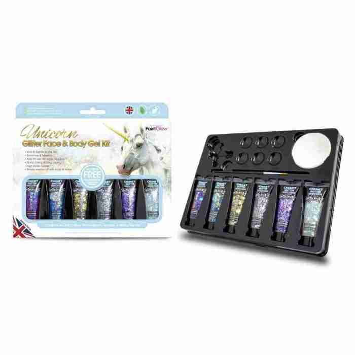 Einhorn Glitzer Gels Boxset 6 Farben Gesicht Körper Karneval