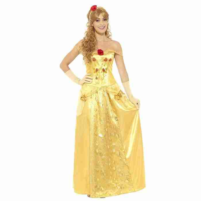 Goldene Prinzessin Kostüm Damen mit langem Kleid in schimmerndem Gold