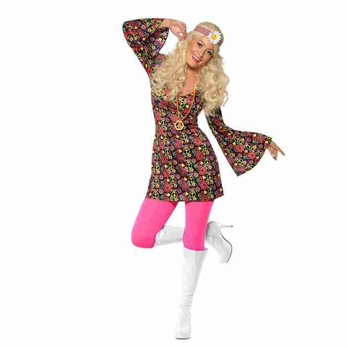 1960er Jahre CND Damenkostüm Hippie Kleid mehrfarbig mit Glockenärmeln
