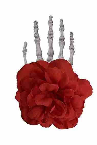 Halloween Haarspange Skeletthand mit roter Blume Gothic Accessoire