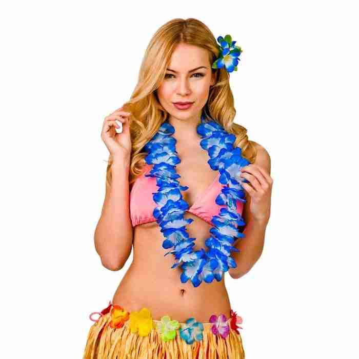Hawaii Lei Blumenkette mit Perlen in Blau - Tropisches Accessoire