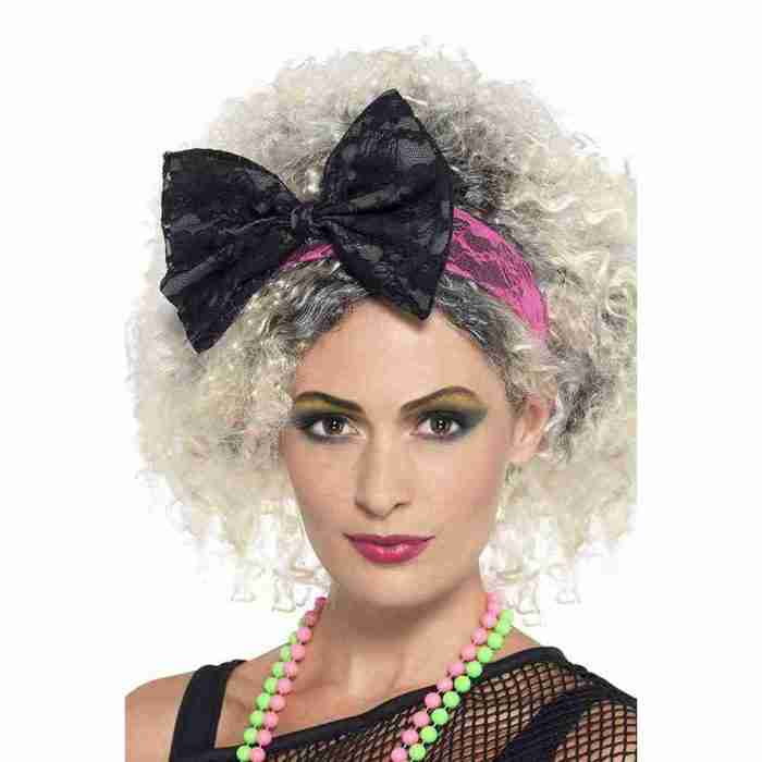 Damen Spitzen-Stirnband 80er Jahre schwarz pink Schleifendetail