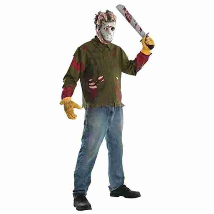 Jason Kostüm Detailansicht Maske und Shirt schwarz-weiß