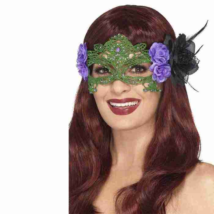 Schwarze Hexenmaske mit grünen Akzenten und Rosen Details Damen