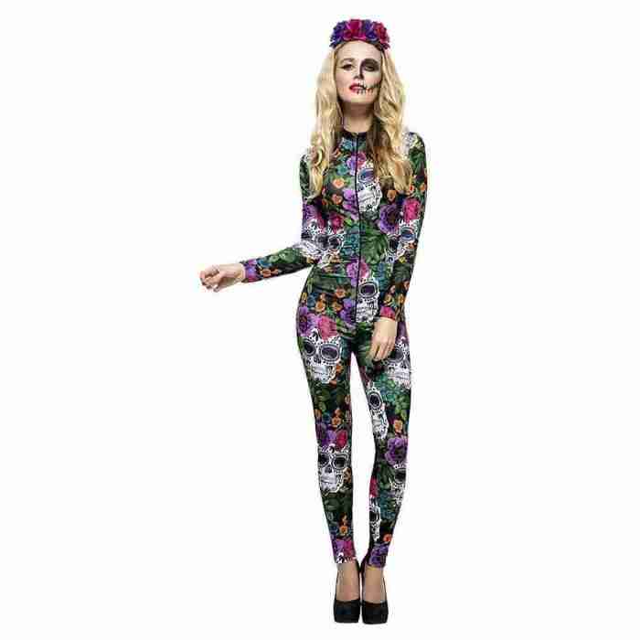 Tag der Toten Kostüm Damen mehrfarbig mit Catsuit und Rosenstirnband