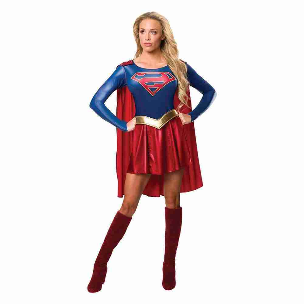 Supergirl Kostüm Damen TV-Serie mit rotem Cape und blauem Kleid