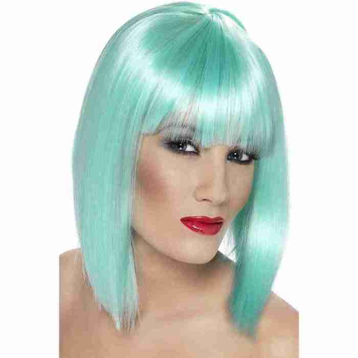 Damen Glamour Perücke neon aqua Bob Schnitt mit Fransen