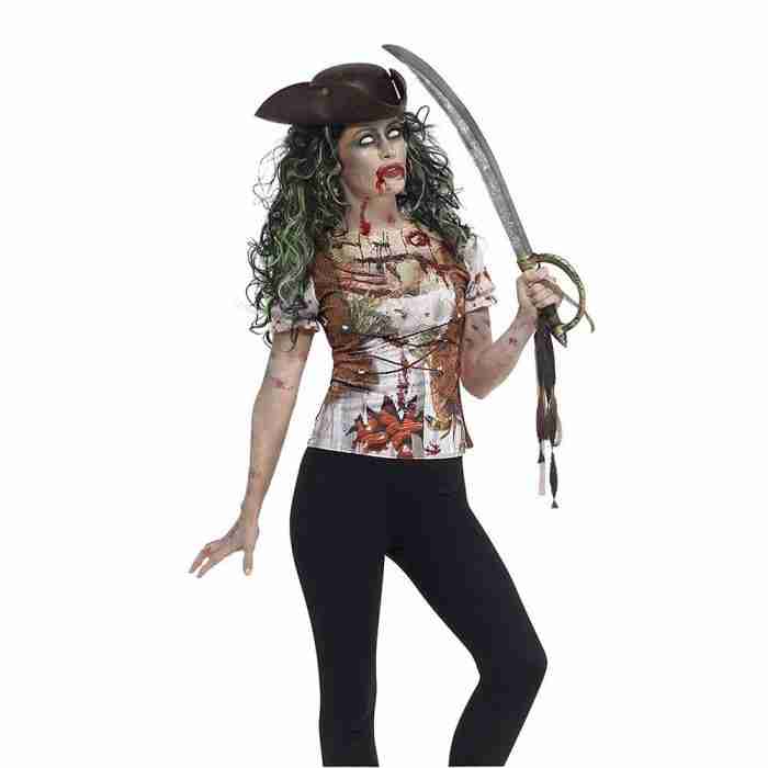 Damen Zombie Piraten T-Shirt Grün Rückansicht Halloween - carnivalstore.de