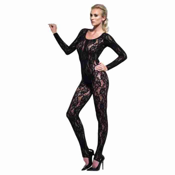 Schwarzer Spitzen Bodystocking Damen Rückansicht Detail