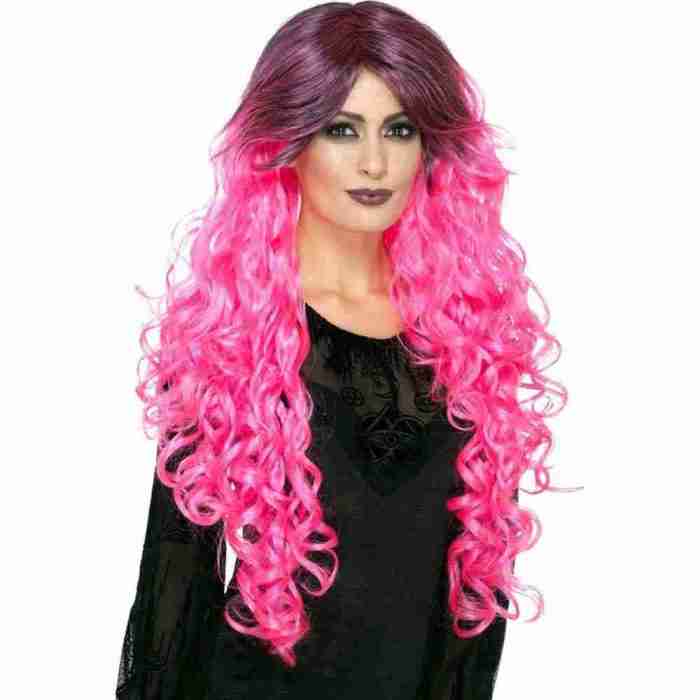 Damen Gothic Perücke Neon Pink Seitenansicht Halloween Kostüm Accessoire
