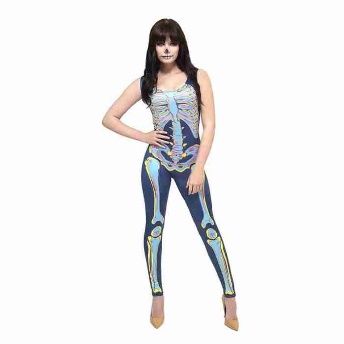Damen Sexy Skelett Kostüm Blau Rückansicht - carnivalstore.de