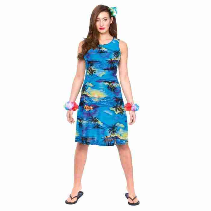 Hawaii Kleid Kurz Blau Palm - Damen Kostüm Tropical Beach