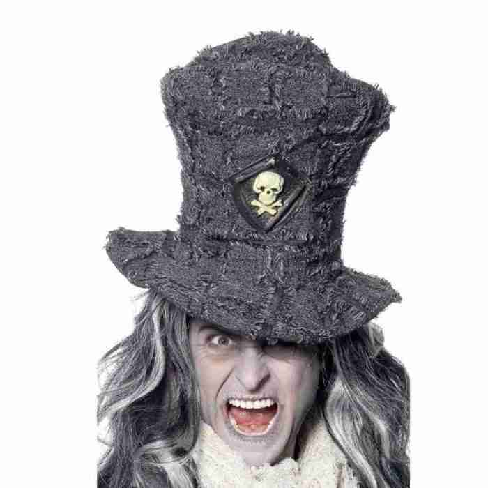 Halloween Totengräber Hut Grau mit Totenkopf Emblem Gothic Accessoire