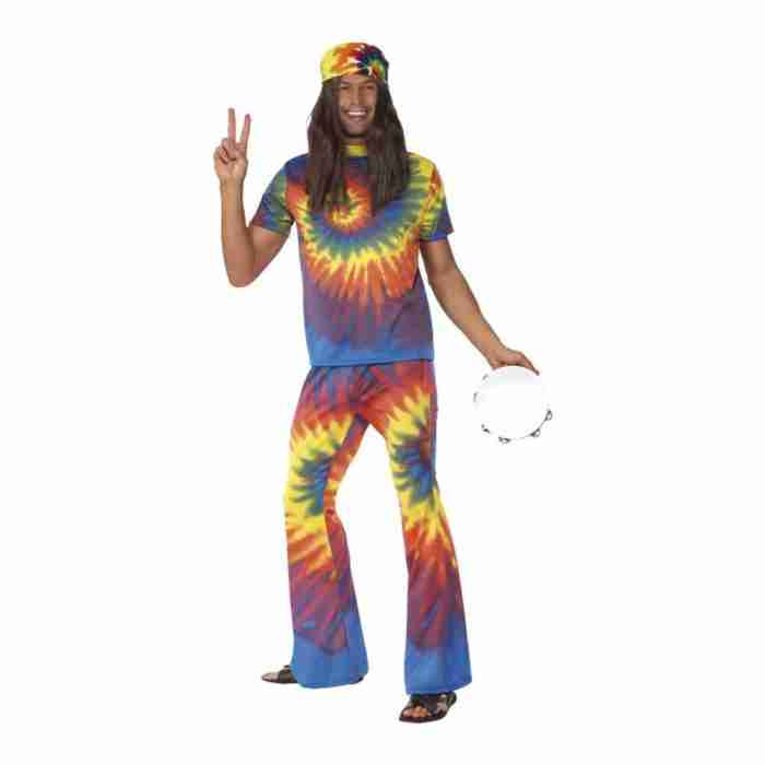 60er Jahre Hippie Kostüm Herren Batik-Oberteil und Schlaghose Mehrfarbig