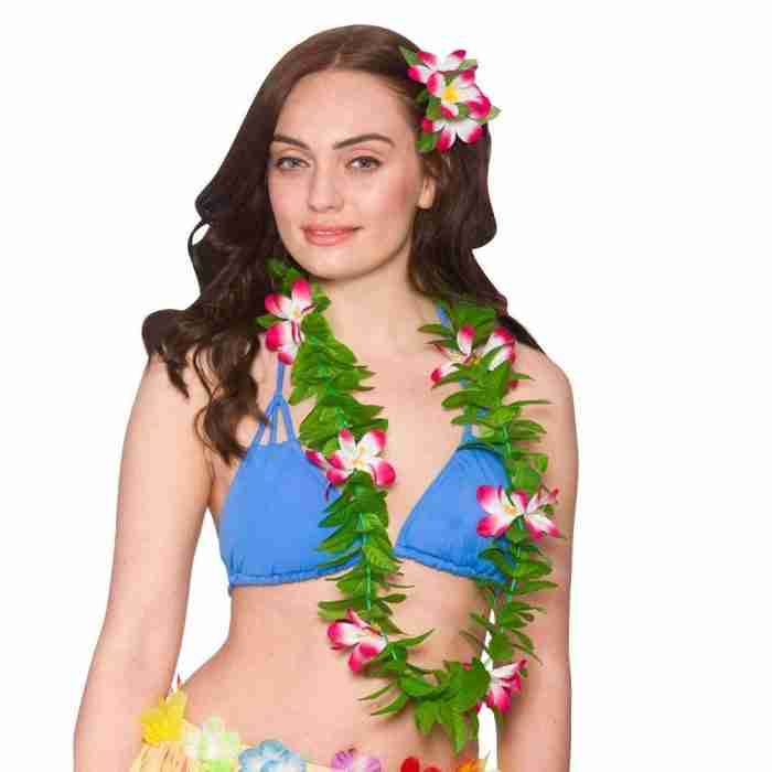 Hawaii Lei Grüne Blätter mit Blauen Blüten - Tropisches Accessoire