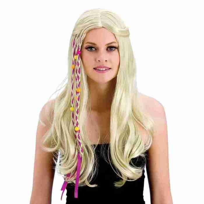Hippie Perücke Blond mit rosa Zöpfen 60er 70er Jahre Karneval