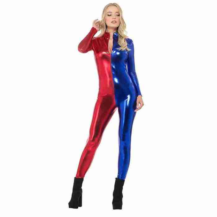 Harlekin Kostüm Damen Miss Jester Whiplash Rot Blau Catsuit - carnivalstore.de