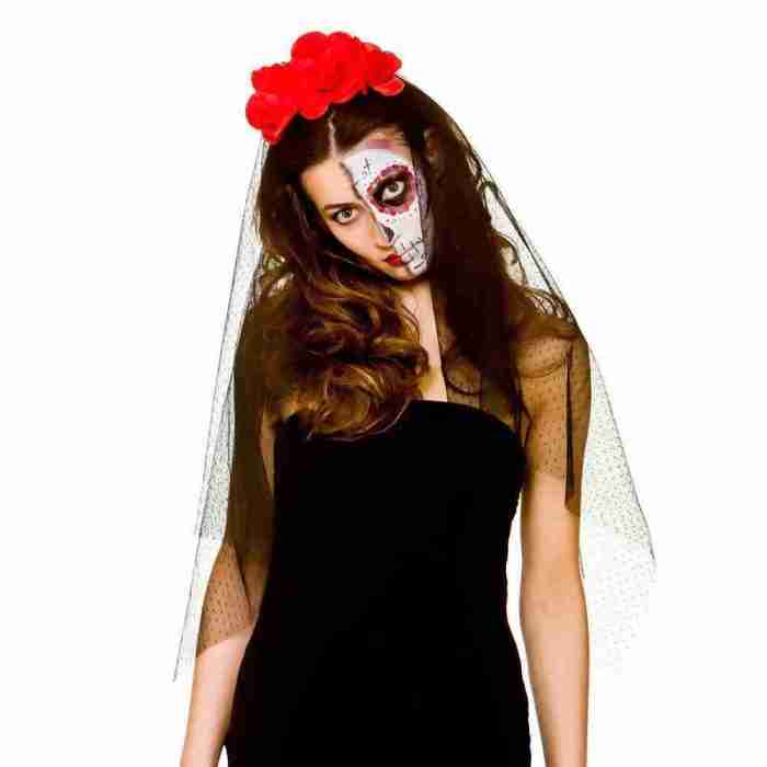 Tag der Toten Schleier schwarz mit roten Rosen Halloween Accessoire Damen