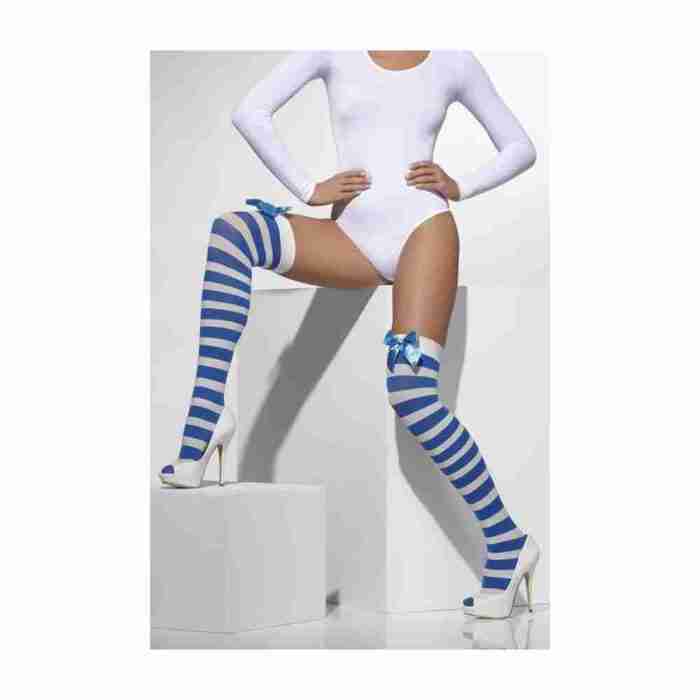 Halterlose Strümpfe blau gestreift mit Schleifen Opaque Hold-Ups