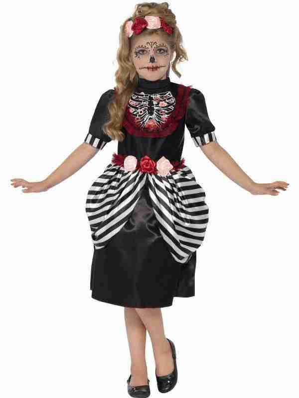 Kinder Halloween Kostüm Sugar Skull schwarz mit Rosen-Details