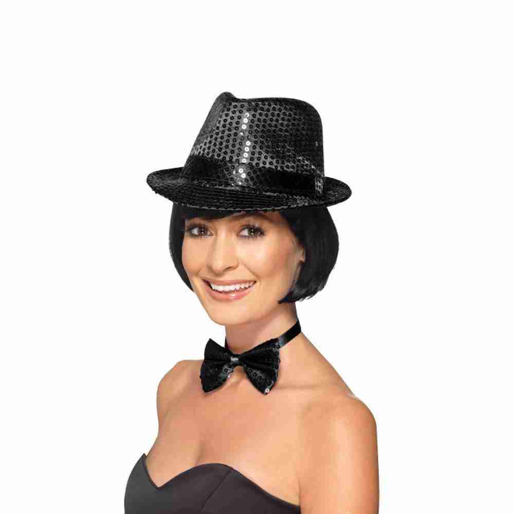 Pailletten Trilby Hut - Seitenansicht des glamourösen Karnevalshuts