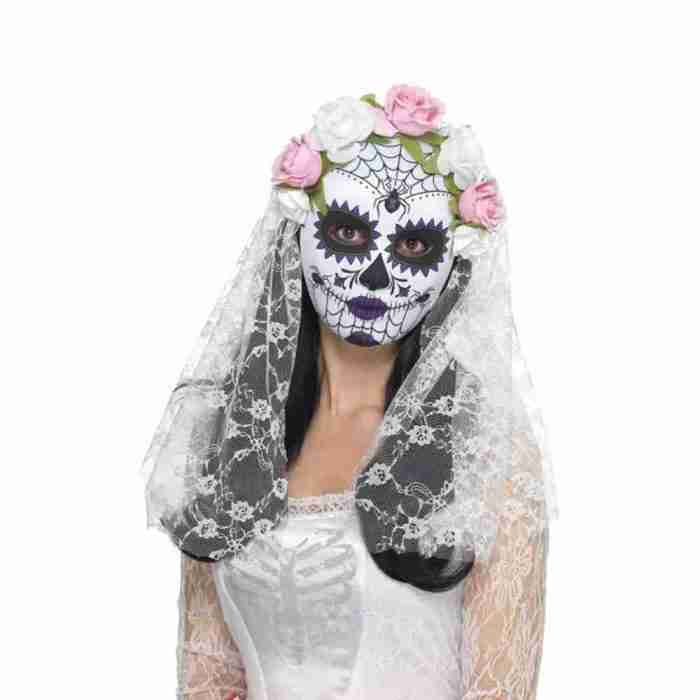 Tag der Toten Maske Braut weiß Vollgesicht mit Rosen und Schleier Halloween