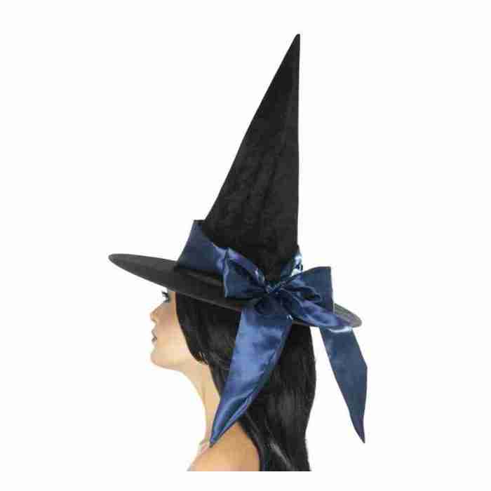 Hexenhut Halloween schwarz mit blauer Schleife Damen Kostüm