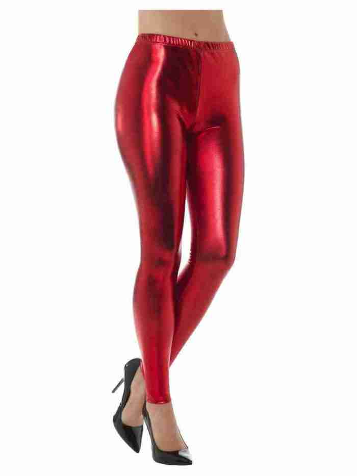 80er Jahre Metallic Disco Leggings rot glänzend Damen Karneval