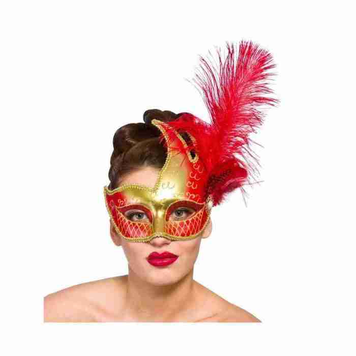 Venezianische Augenmaske Gold Rot Federn Karneval Fasching