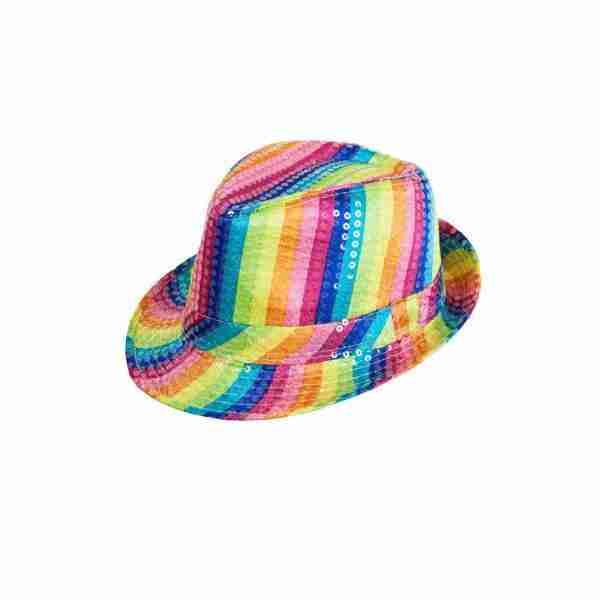 Regenbogen Pailletten Fedora Hut Karneval Accessoire mehrfarbig