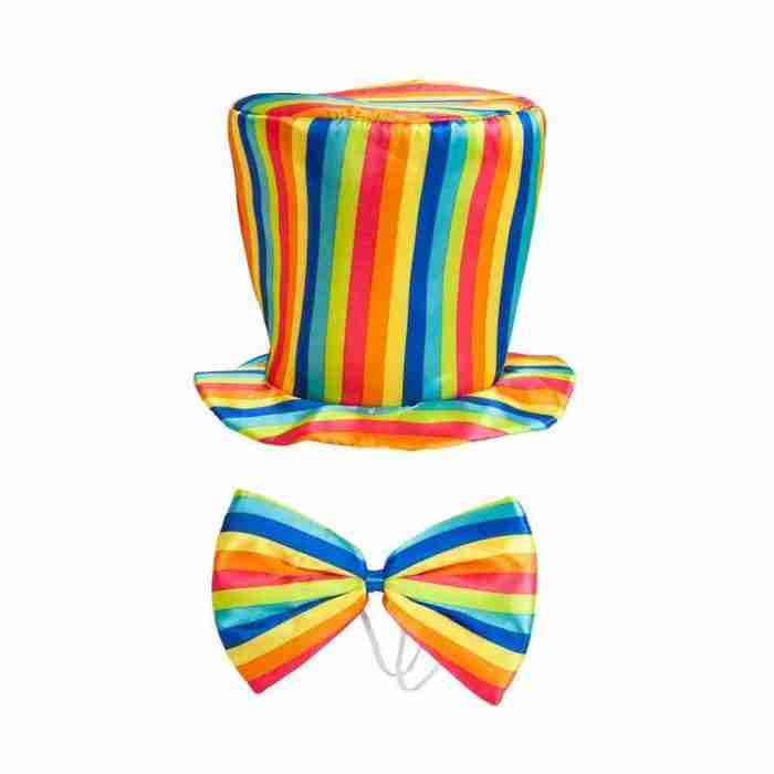 Regenbogen Zylinder Hut mit Fliege Set Karneval Accessoire mehrfarbig