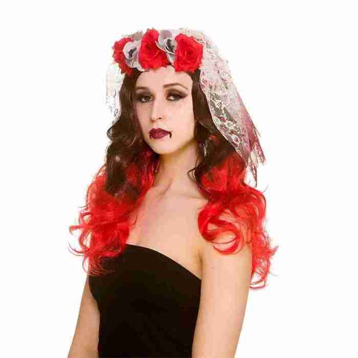 Zombie Braut Schleier Halloween Accessoire mit roten Blumen