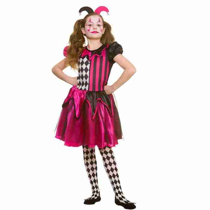 Mädchen Hofnarr Kostüm rosa schwarz kariert mit Kopfbedeckung - carnivalstore.de