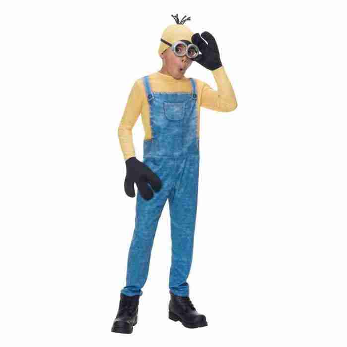 Minion Kevin Kinderkostüm Rückansicht mit Handschuhen und Kopfbedeckung