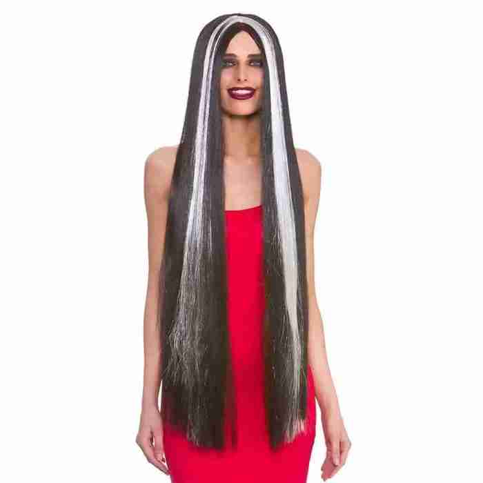 Morticia Perücke Extra Lang 99cm schwarz Gothic Langhaar Perücke