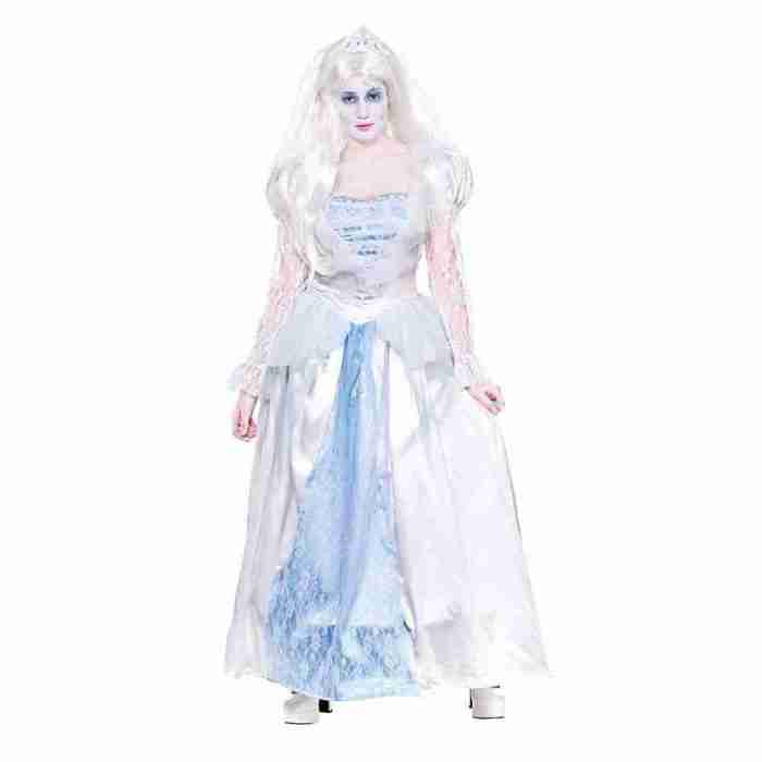 Geister Braut Kostüm Damen weiß blau Halloween Kleid mit Schleier