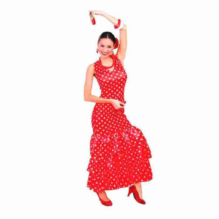 Flamenca Kostüm Damen - Spanisches Flamenco Kleid in Rot mit weißen Punkten