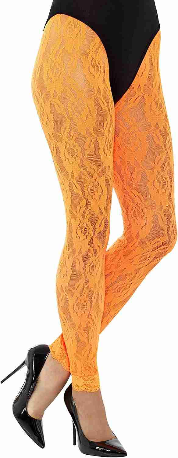 80er Spitzen Leggings Neon Orange Damen Retro Kostüm