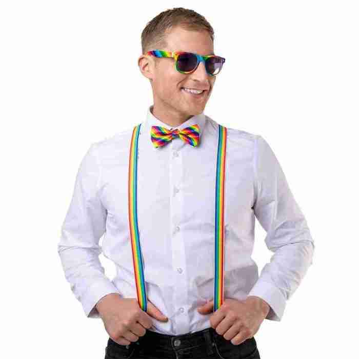 Regenbogen Accessoire Set Brille Fliege Hosenträger Pride Kostüm