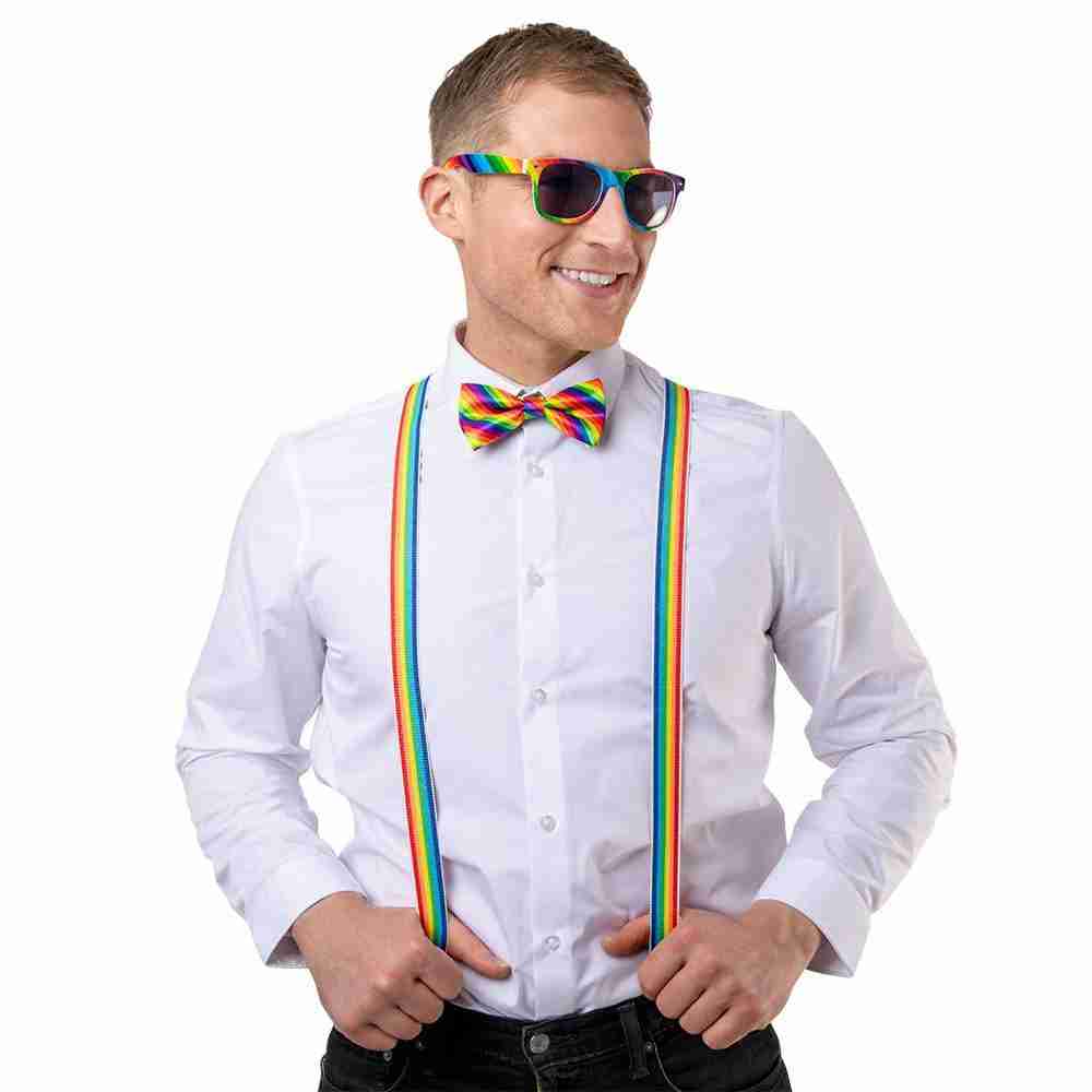 Regenbogen Accessoire Set Brille Fliege Hosenträger Pride Kostüm