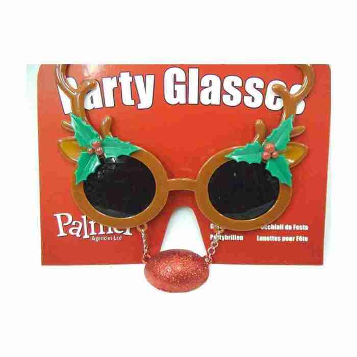 Weihnachtsbrille Rudolph braun mit Geweih und roter Glitzer-Nase